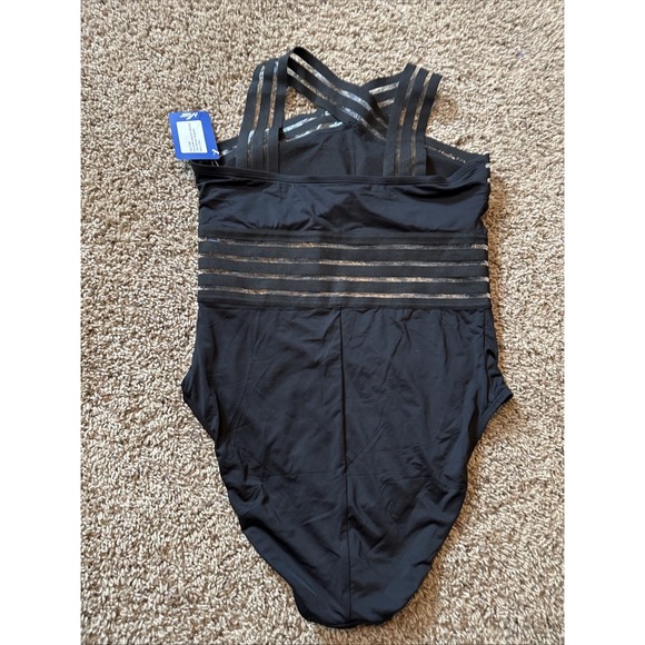 Holler Women's One Piece Black Bathing Suit Sz Medium Sheer Mesh Stripes NWT - Picture 4 of 6